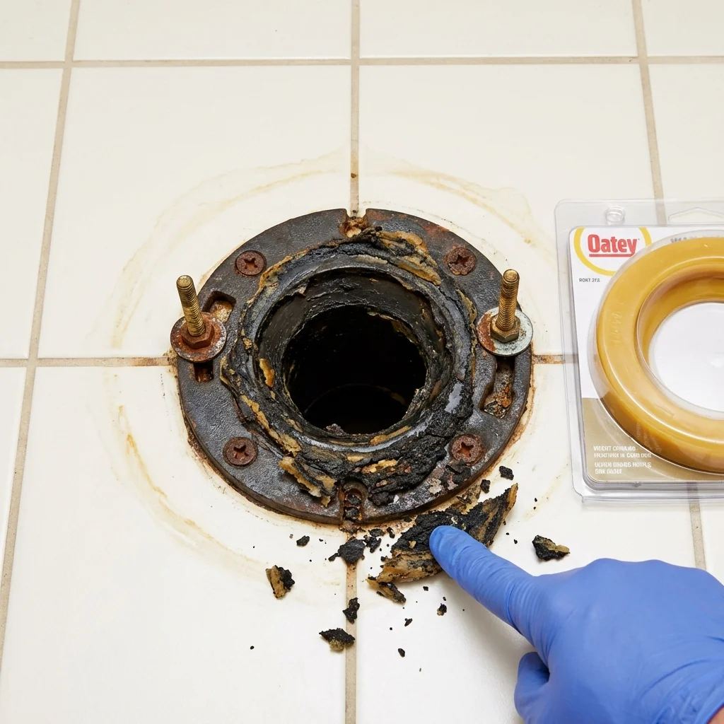 Failed wax ring showing water seepage at the base of a toilet in a Westville, OK home