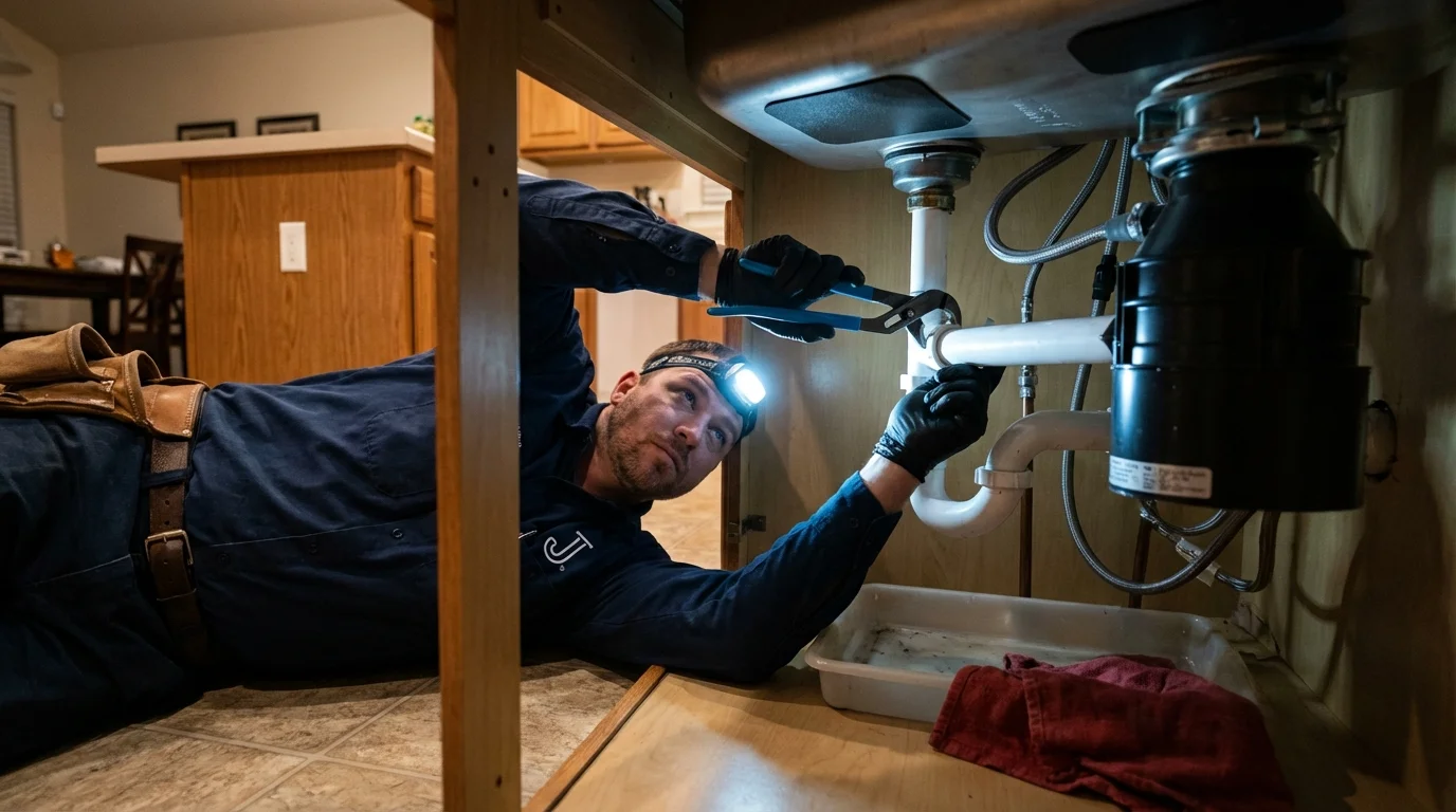 P-trap and supply line connections under a kitchen sink showing a common leak point in Westville, OK